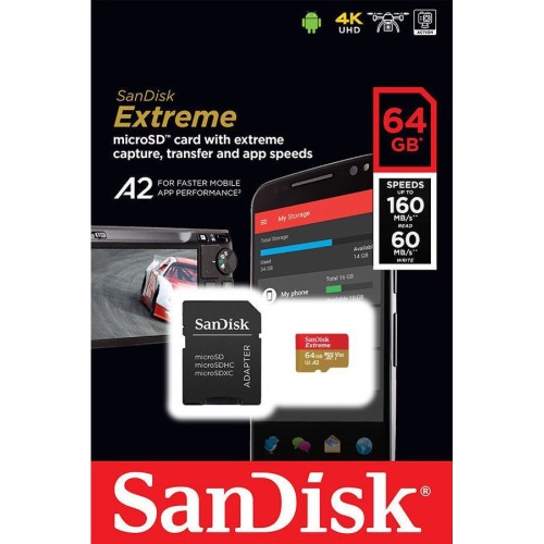 ΚΑΡΤΑ ΜΝΗΜΗΣ SD SANDISK SDSQXA2-064G-GN6MA EXTREME 64GB + ADAPTER 160MB/s A2 V30 UHS-I U3